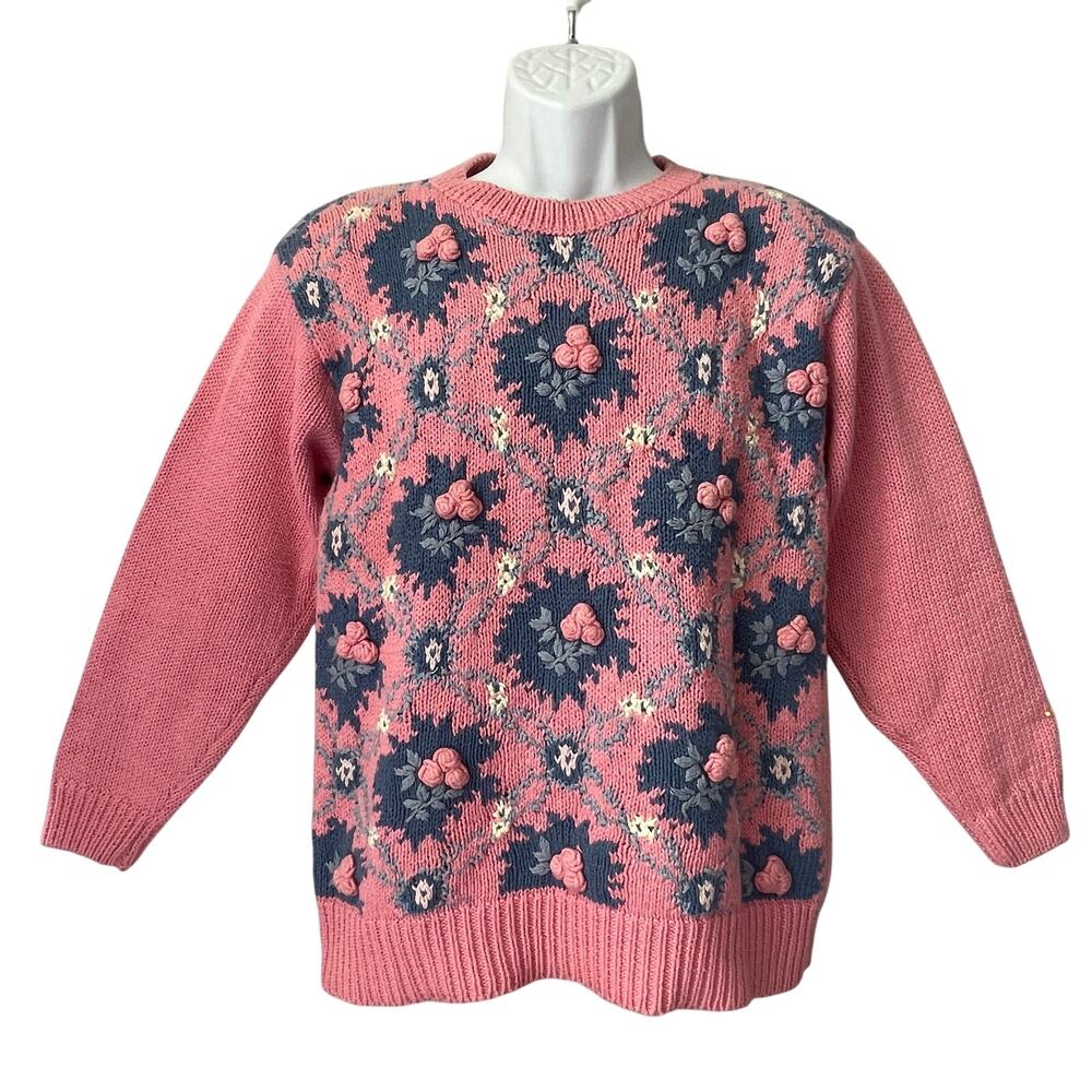 VINTAGE 80s PS Sport Floral Lattice Embellished Argyle Sweater Size Small